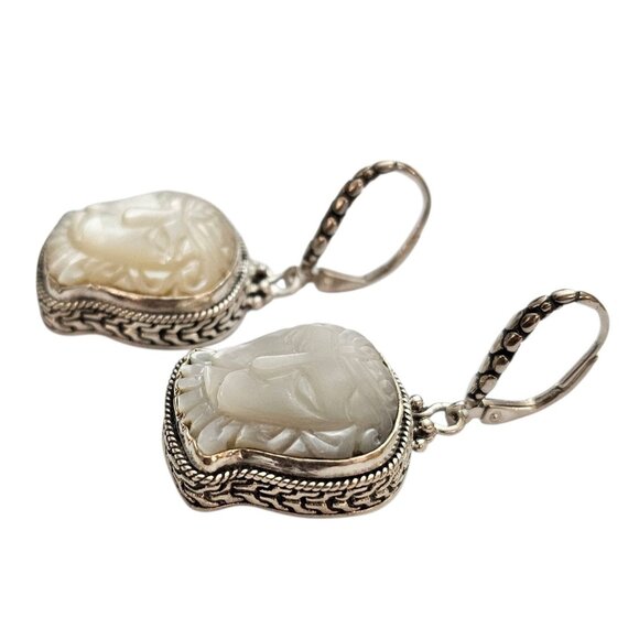 Sarda Sterling Silver Mother-of-Pearl Carved Lion Lever Back Earrings, Signed - Picture 7 of 10